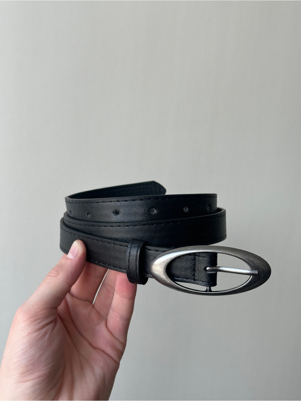 Men's Black Leather Belt with Oval Silver Buckle